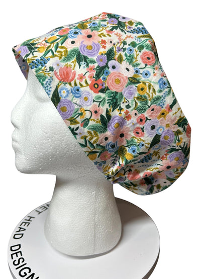 Euro scrub cap in Rifle Paper Co garden party fabric, adjustable toggle scrub hat