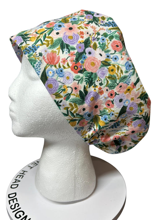 Euro scrub cap in Rifle Paper Co garden party fabric, adjustable toggle scrub hat