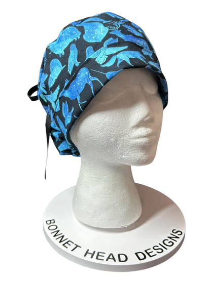 Ponytail scrub cap| Celestial Animals Star print |optional satin lining and mask buttons