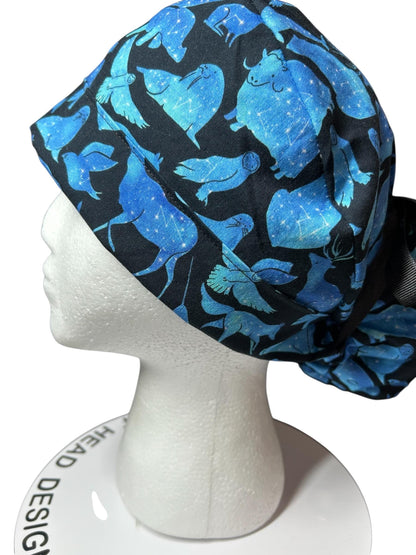 Ponytail scrub cap| Celestial Animals Star print |optional satin lining and mask buttons