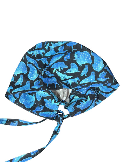 Men’s scrub cap: surgeon style with ties in Constellation Animal fabric