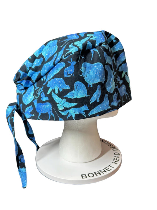 Men’s scrub cap: surgeon style with ties in Constellation Animal fabric