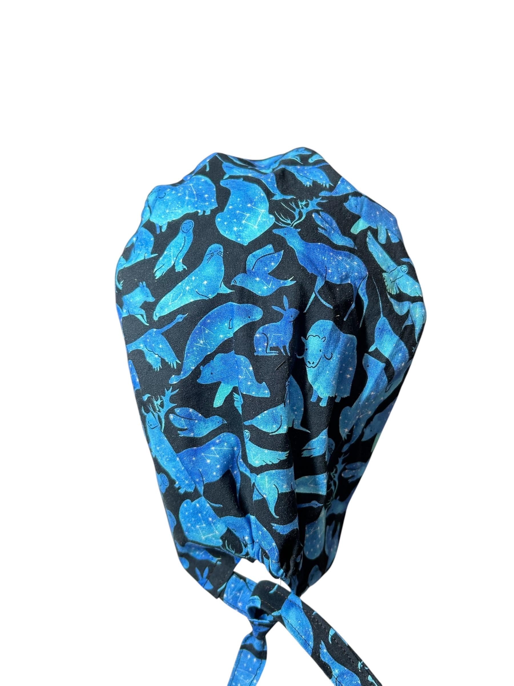 Men’s scrub cap: surgeon style with ties in Constellation Animal fabric