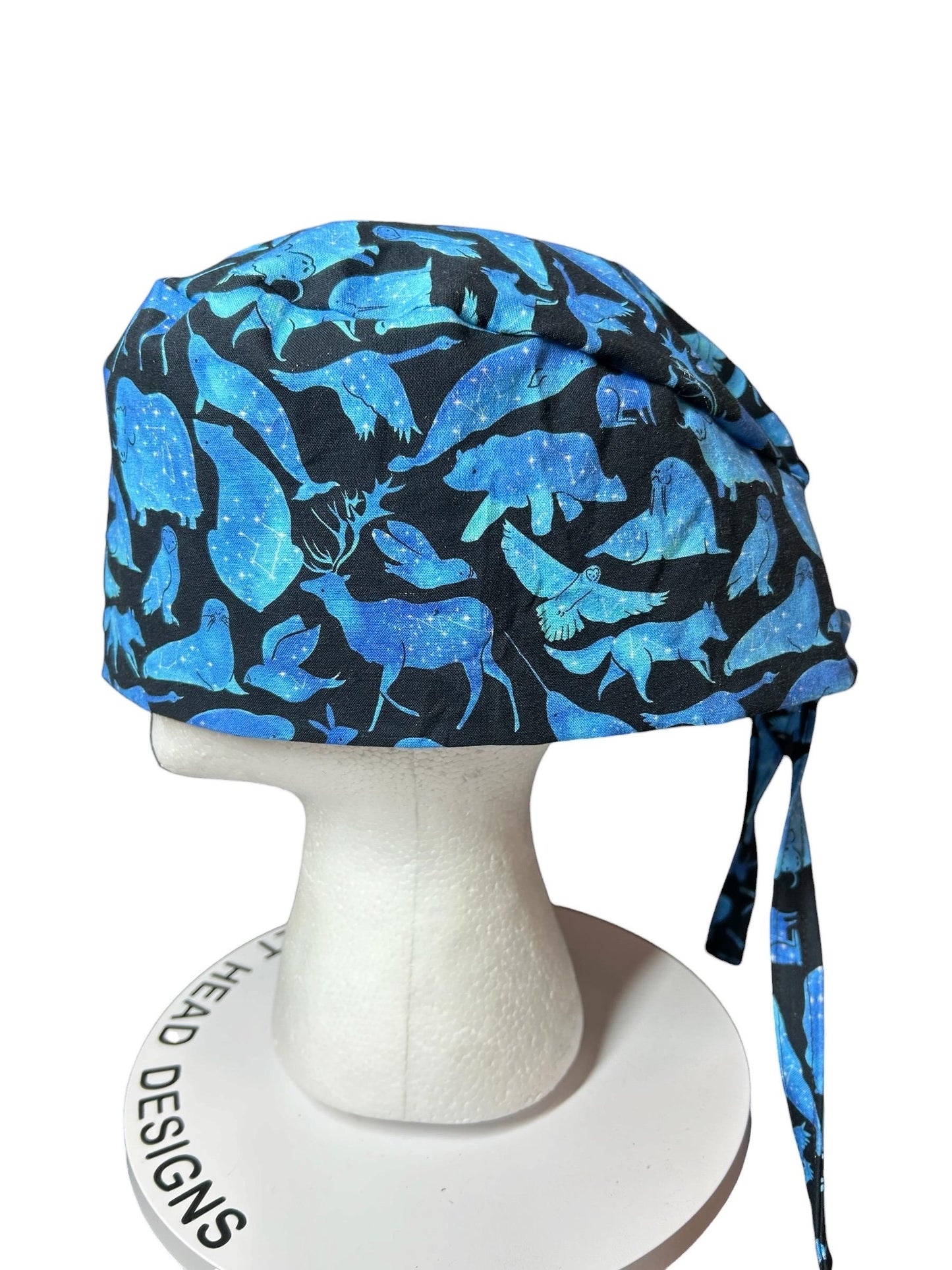 Men’s scrub cap: surgeon style with ties in Constellation Animal fabric