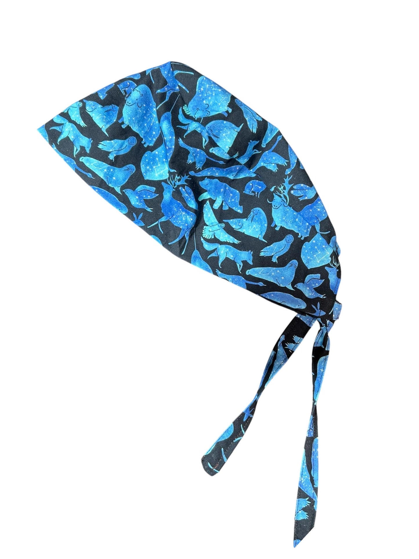 Men’s scrub cap: surgeon style with ties in Constellation Animal fabric