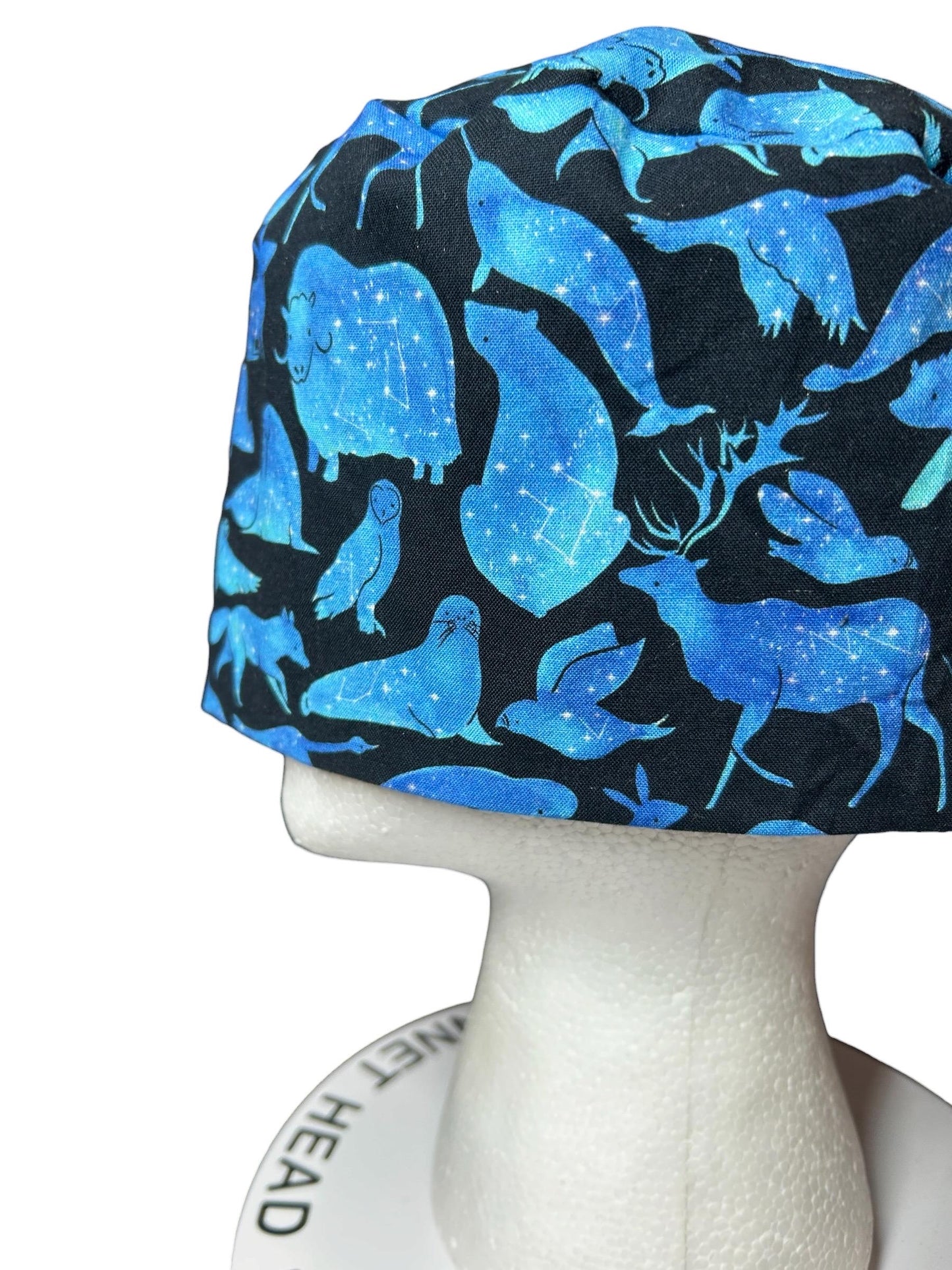 Men’s scrub cap: surgeon style with ties in Constellation Animal fabric