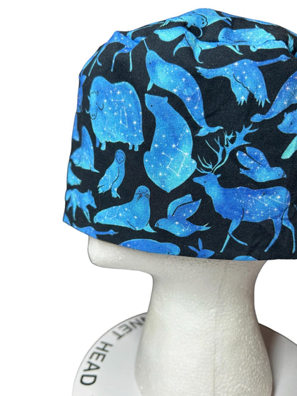 Men’s scrub cap: surgeon style with ties in Constellation Animal fabric