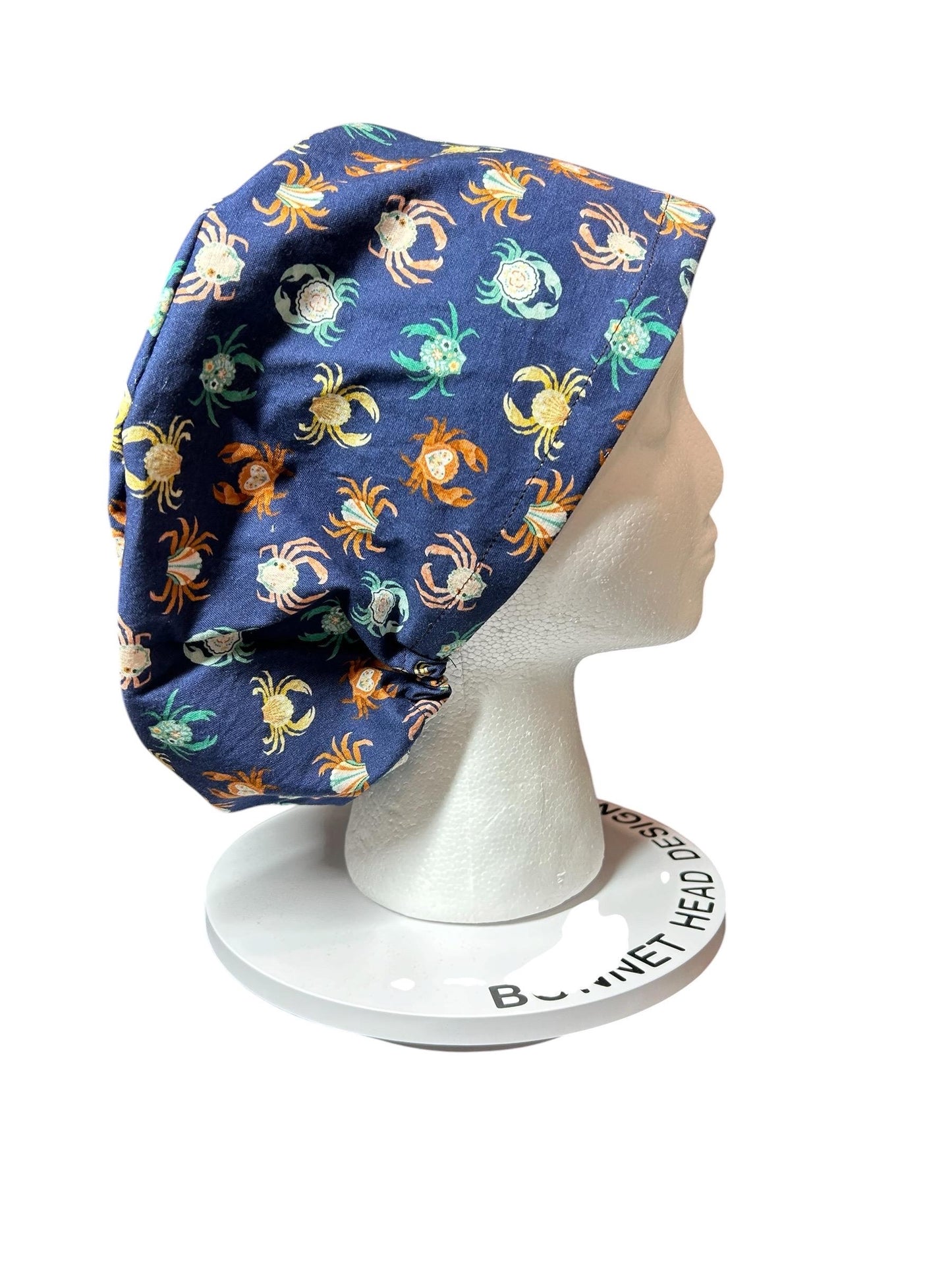 Euro scrub cap with elastic and toggle|summer crab print fabric