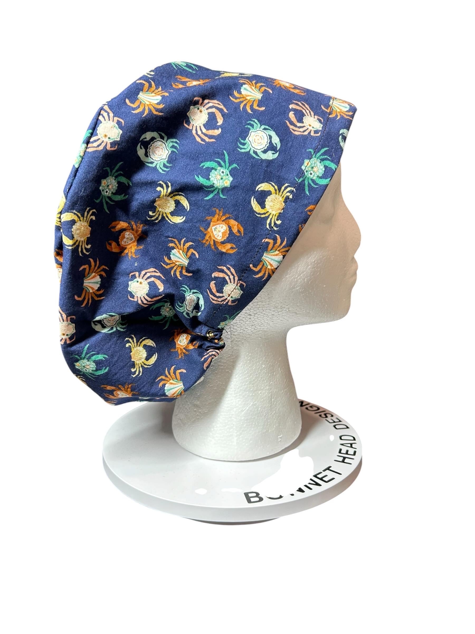 Euro scrub cap with elastic and toggle|summer crab print fabric