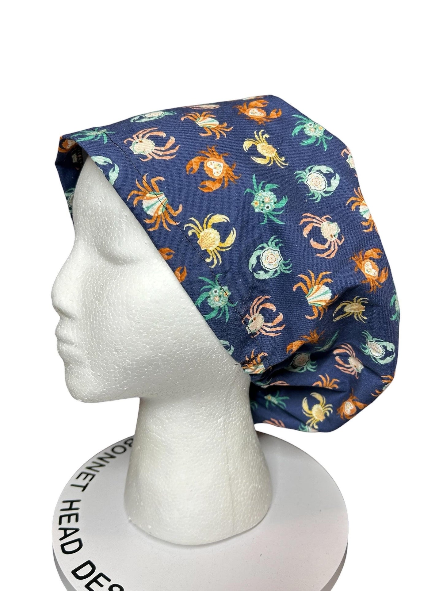 Euro scrub cap with elastic and toggle|summer crab print fabric