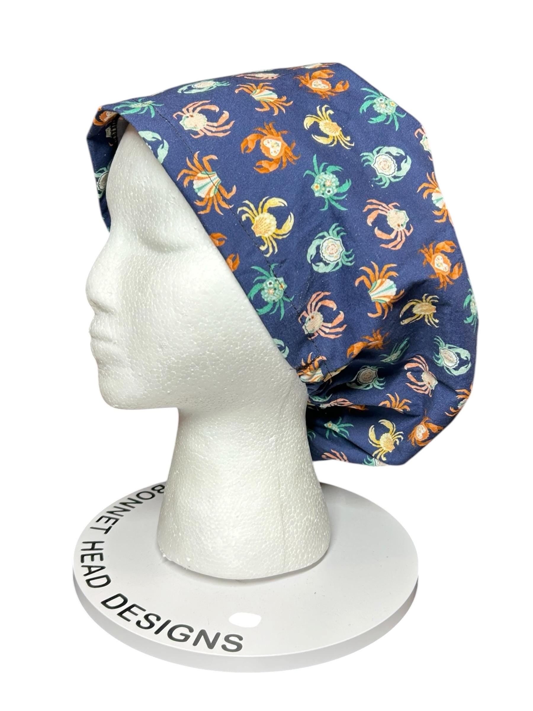 Euro scrub cap with elastic and toggle|summer crab print fabric