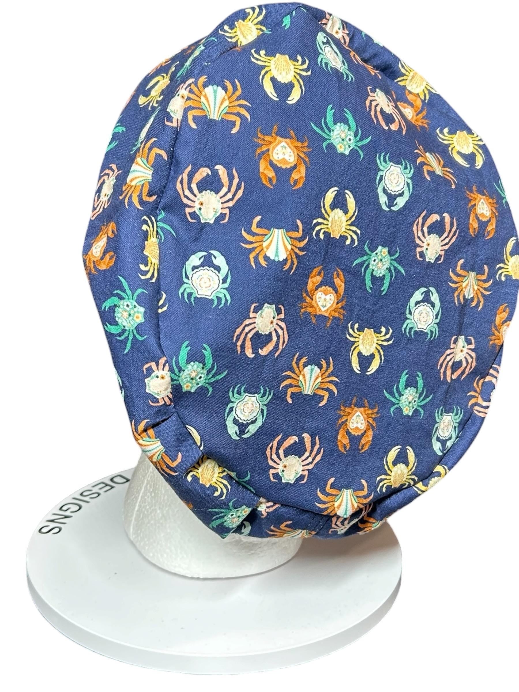 Euro scrub cap with elastic and toggle|summer crab print fabric