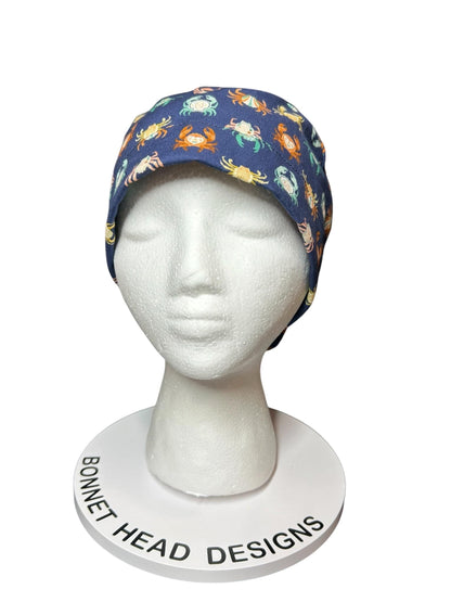 Women’s ponytail scrub cap| Summer crab print with optional satin lining