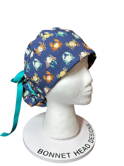 Women’s ponytail scrub cap| Summer crab print with optional satin lining
