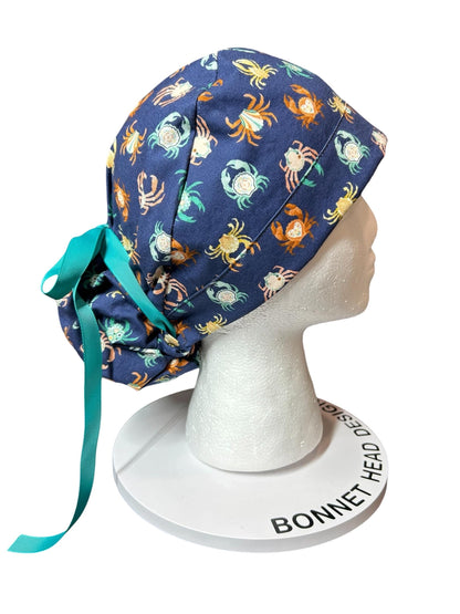 Women’s ponytail scrub cap| Summer crab print with optional satin lining