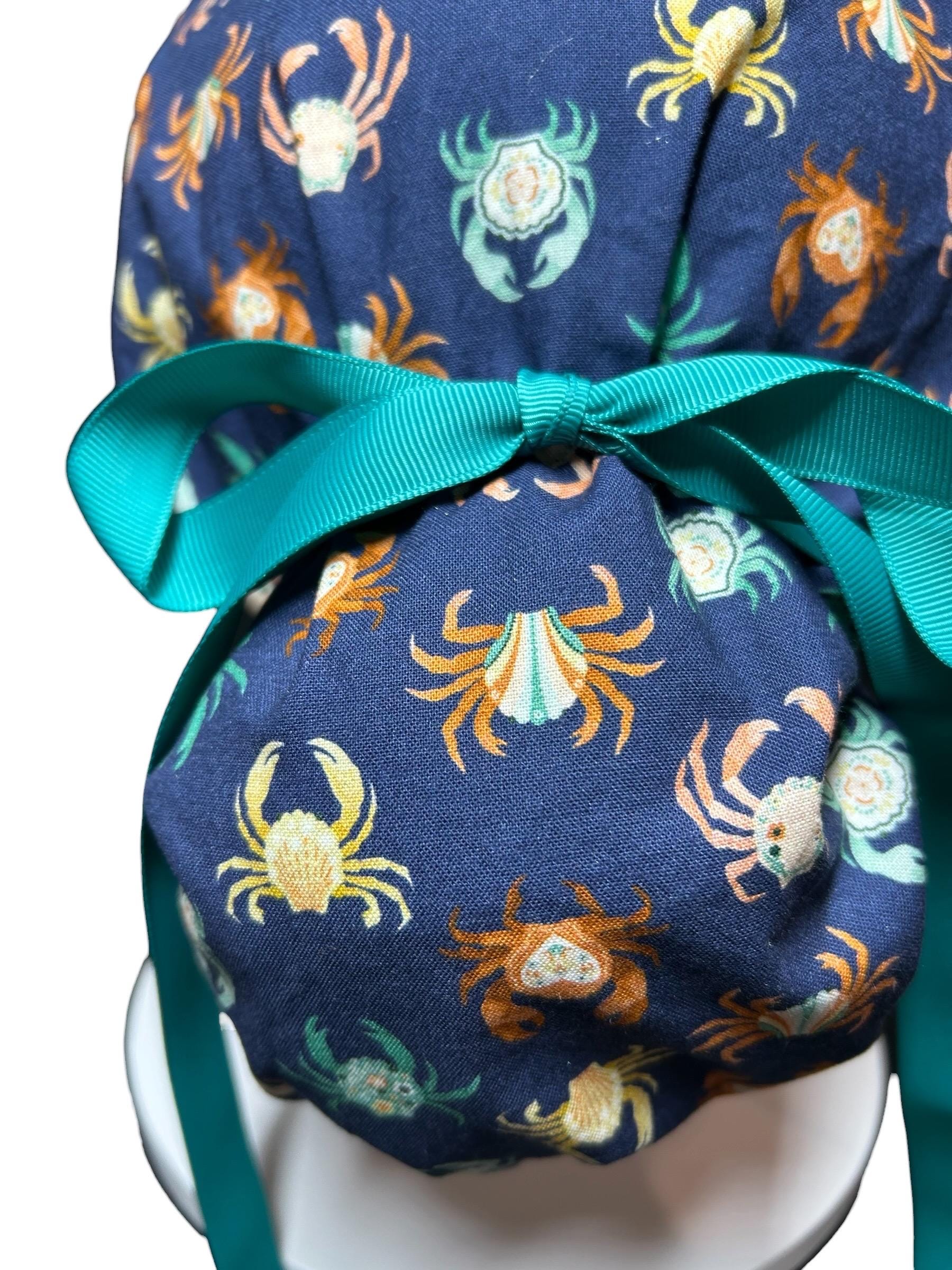 Women’s ponytail scrub cap| Summer crab print with optional satin lining