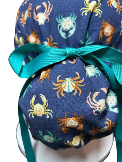 Women’s ponytail scrub cap| Summer crab print with optional satin lining