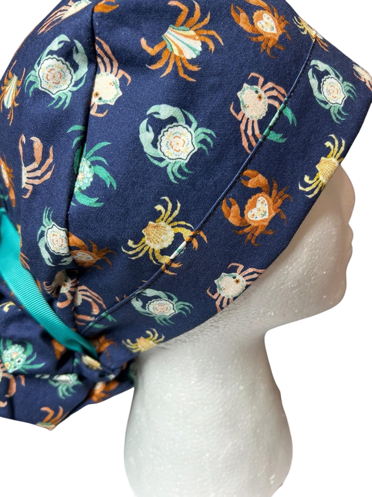 Women’s ponytail scrub cap| Summer crab print with optional satin lining