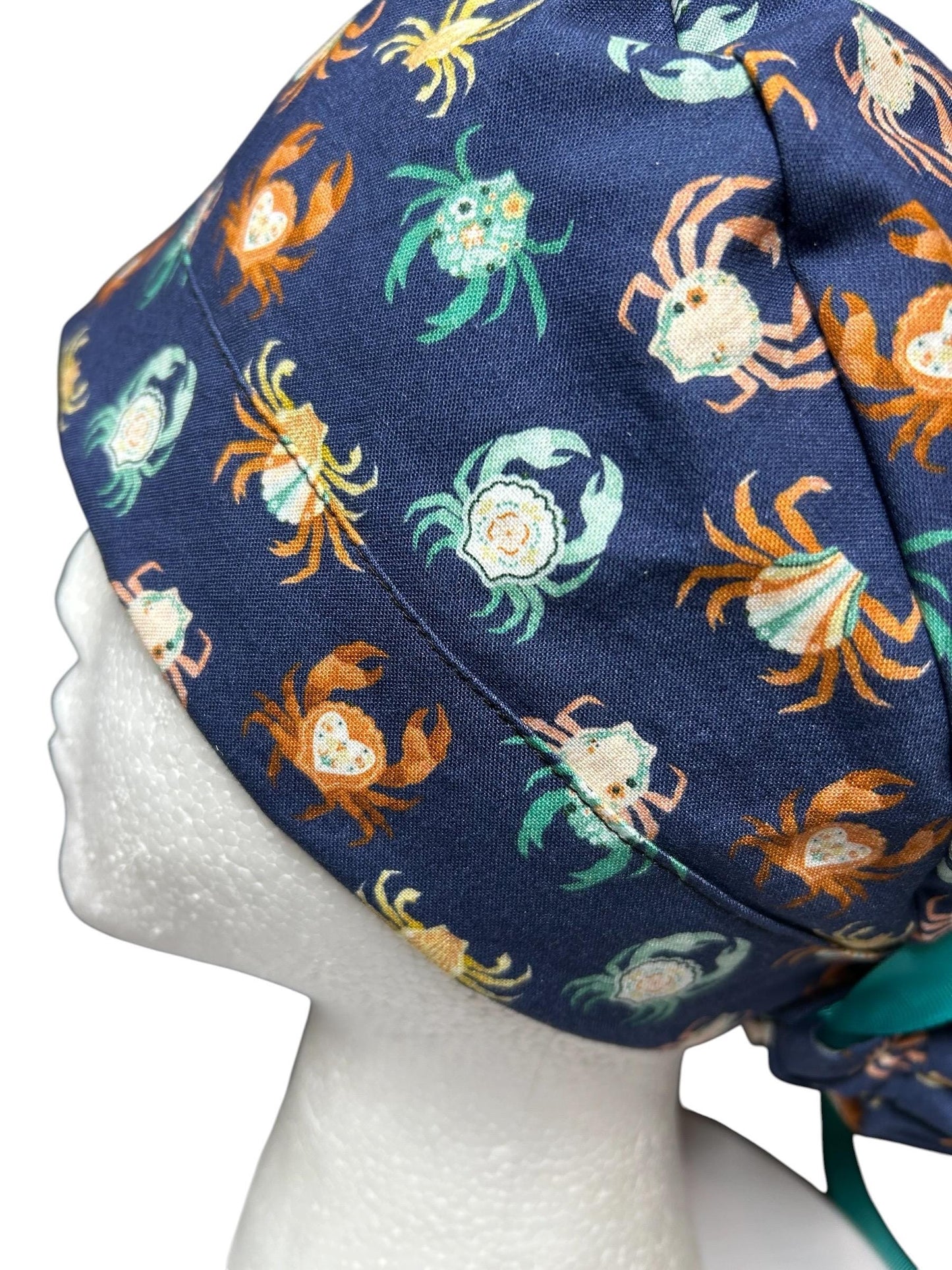Women’s ponytail scrub cap| Summer crab print with optional satin lining