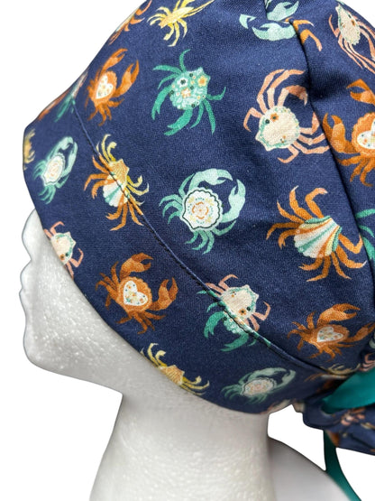 Women’s ponytail scrub cap| Summer crab print with optional satin lining