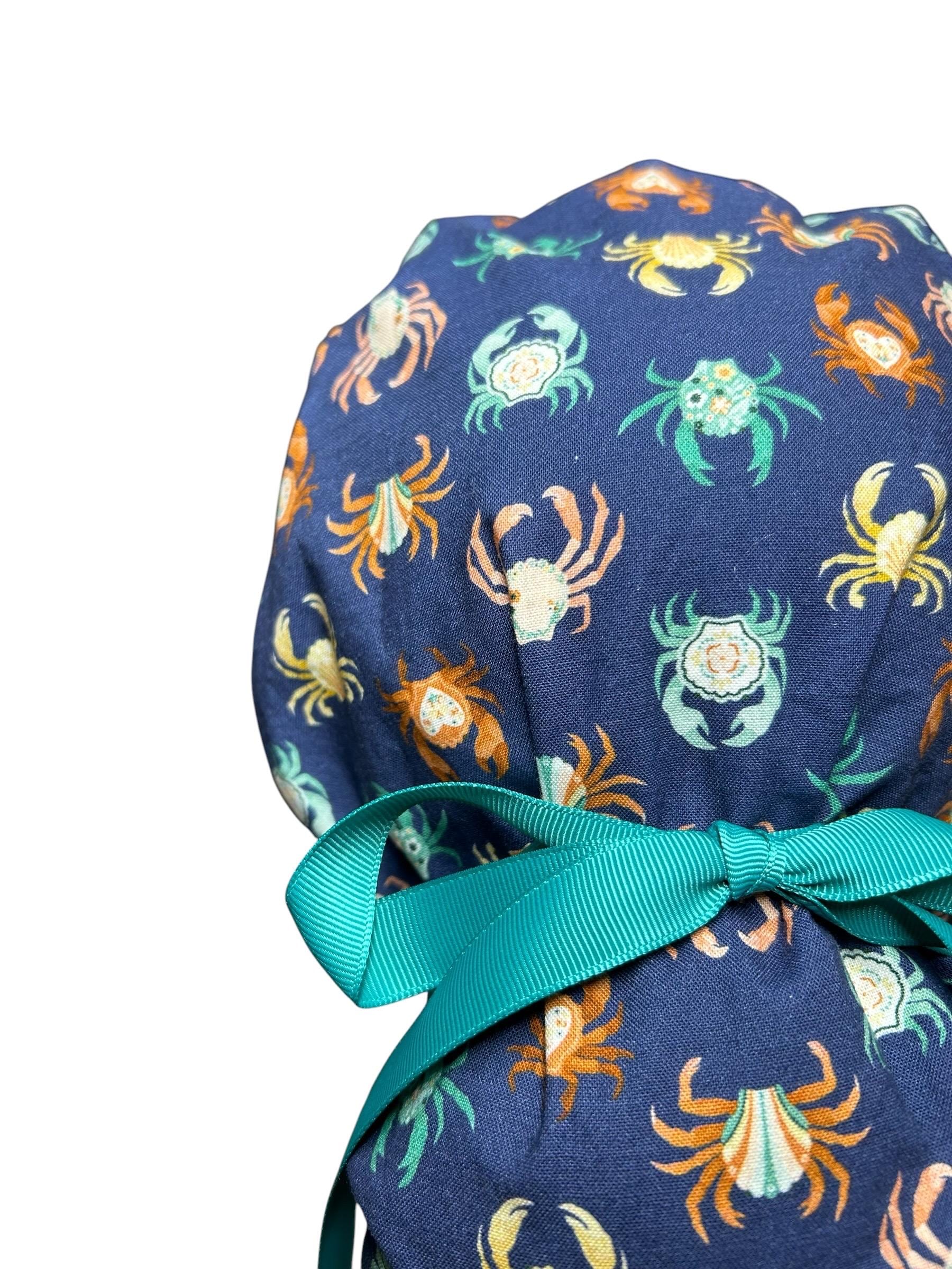 Women’s ponytail scrub cap| Summer crab print with optional satin lining