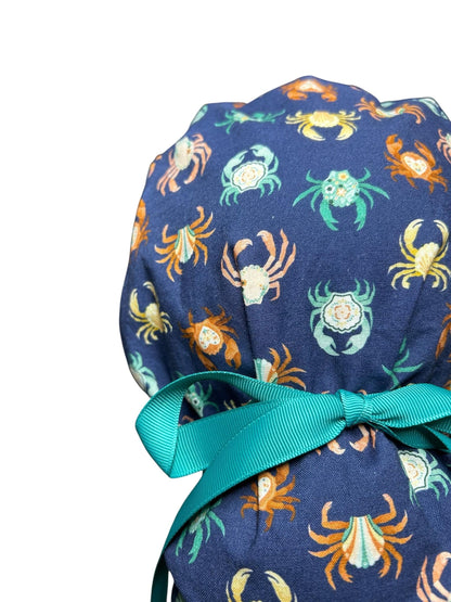 Women’s ponytail scrub cap| Summer crab print with optional satin lining