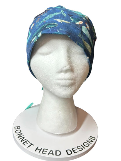 Whale Shark Ponytail Scrub Cap: Nurse hat with ribbon ties and optional satin lining