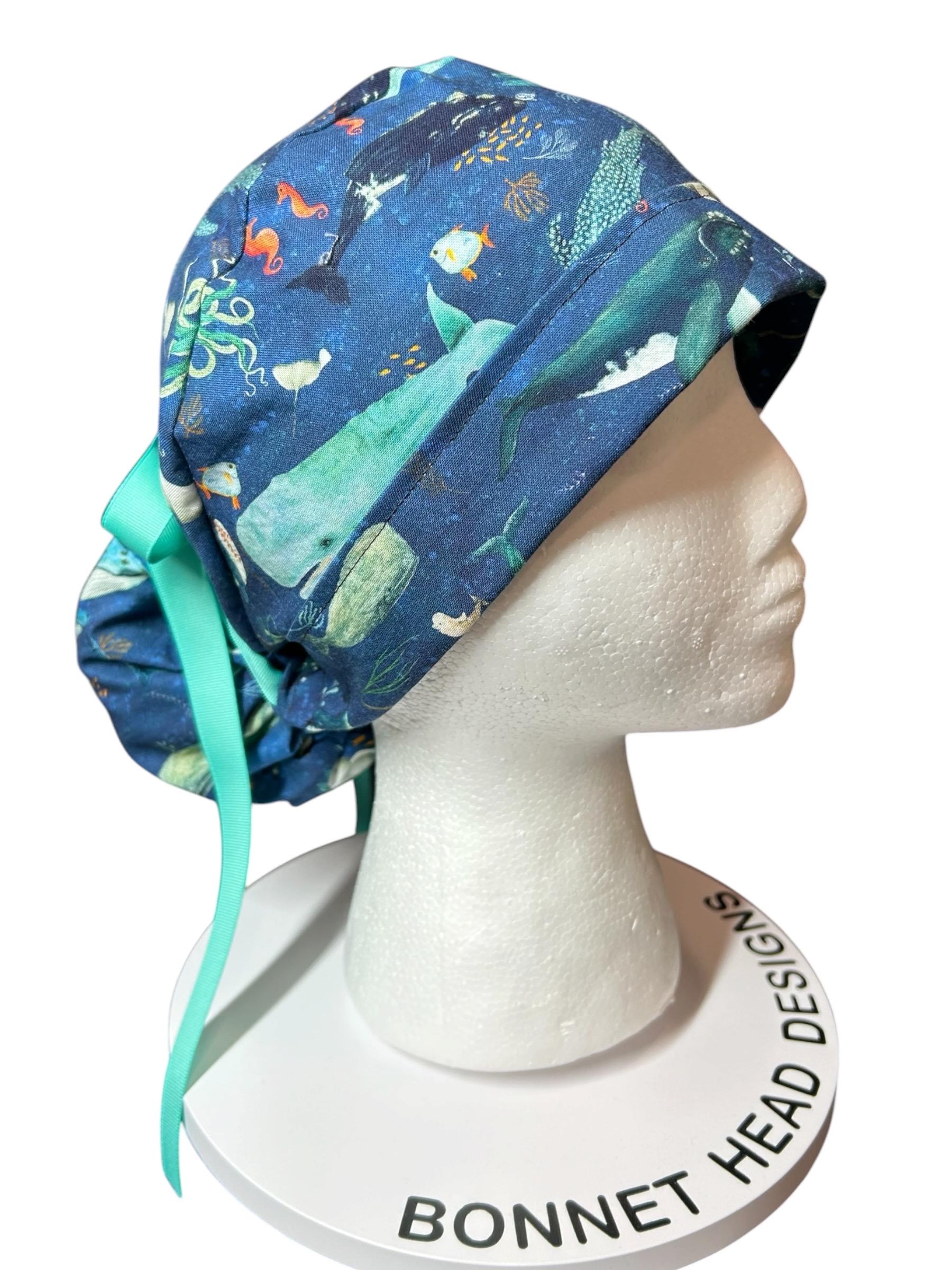 Whale Shark Ponytail Scrub Cap: Nurse hat with ribbon ties and optional satin lining