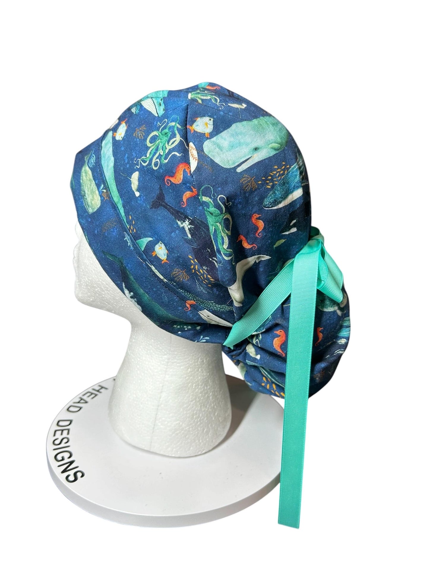 Whale Shark Ponytail Scrub Cap: Nurse hat with ribbon ties and optional satin lining