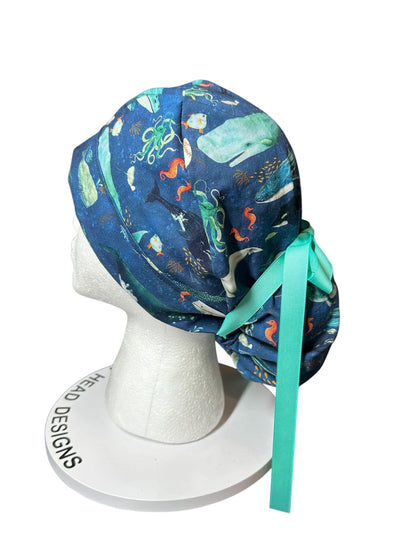 Whale Shark Ponytail Scrub Cap: Nurse hat with ribbon ties and optional satin lining