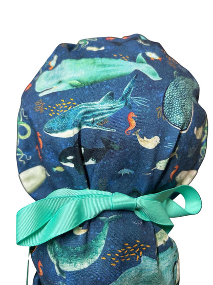 Whale Shark Ponytail Scrub Cap: Nurse hat with ribbon ties and optional satin lining