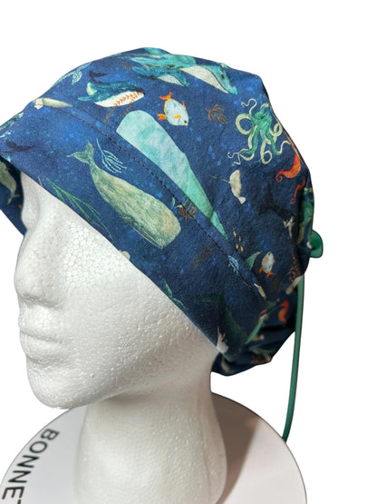 Whale Shark Ponytail Scrub Cap: Nurse hat with ribbon ties and optional satin lining