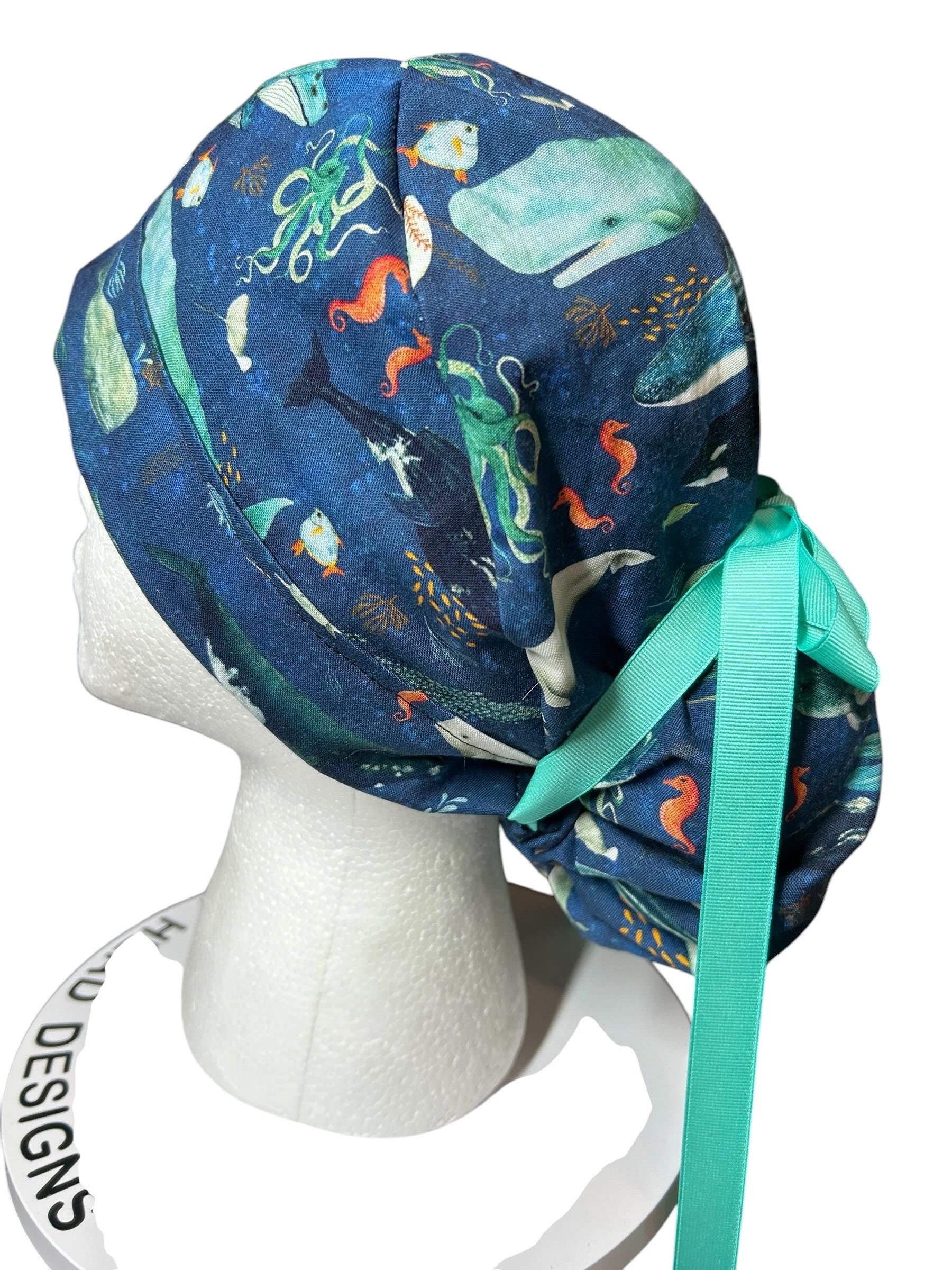 Whale Shark Ponytail Scrub Cap: Nurse hat with ribbon ties and optional satin lining