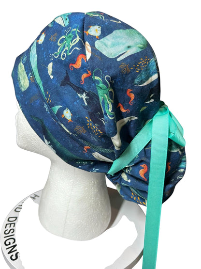 Whale Shark Ponytail Scrub Cap: Nurse hat with ribbon ties and optional satin lining