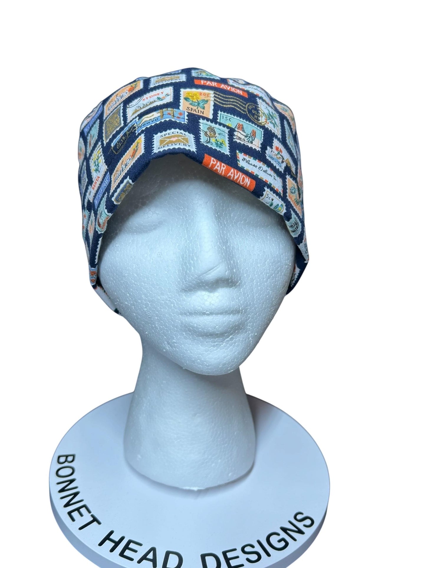 Women’s scrub cap: Rifle Paper Co navy stamp print with ribbon ties