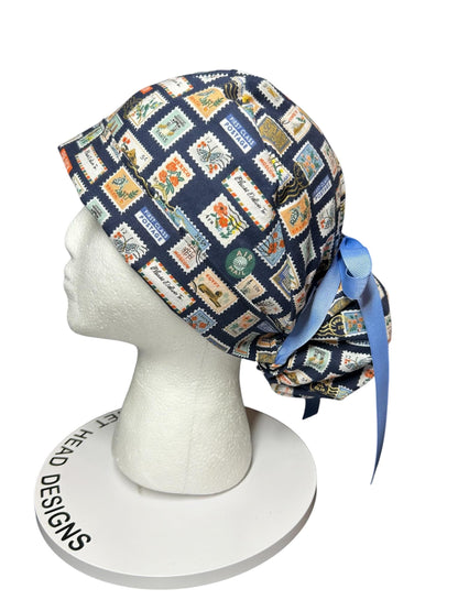 Women’s scrub cap: Rifle Paper Co navy stamp print with ribbon ties
