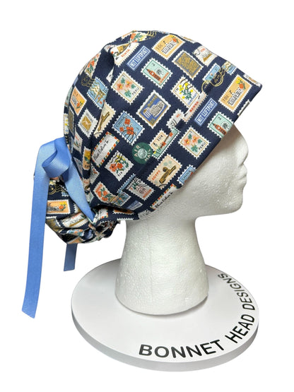Women’s scrub cap: Rifle Paper Co navy stamp print with ribbon ties