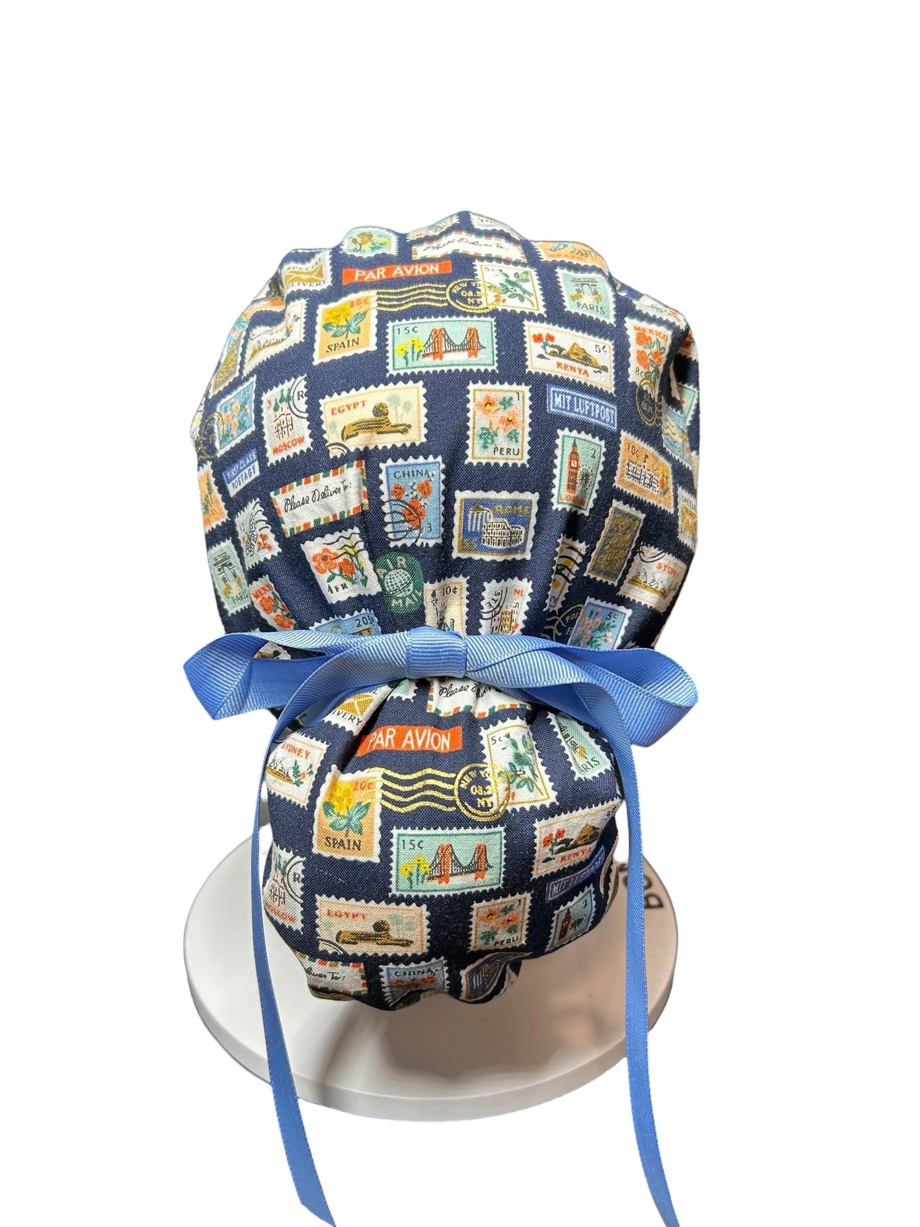 Women’s scrub cap: Rifle Paper Co navy stamp print with ribbon ties