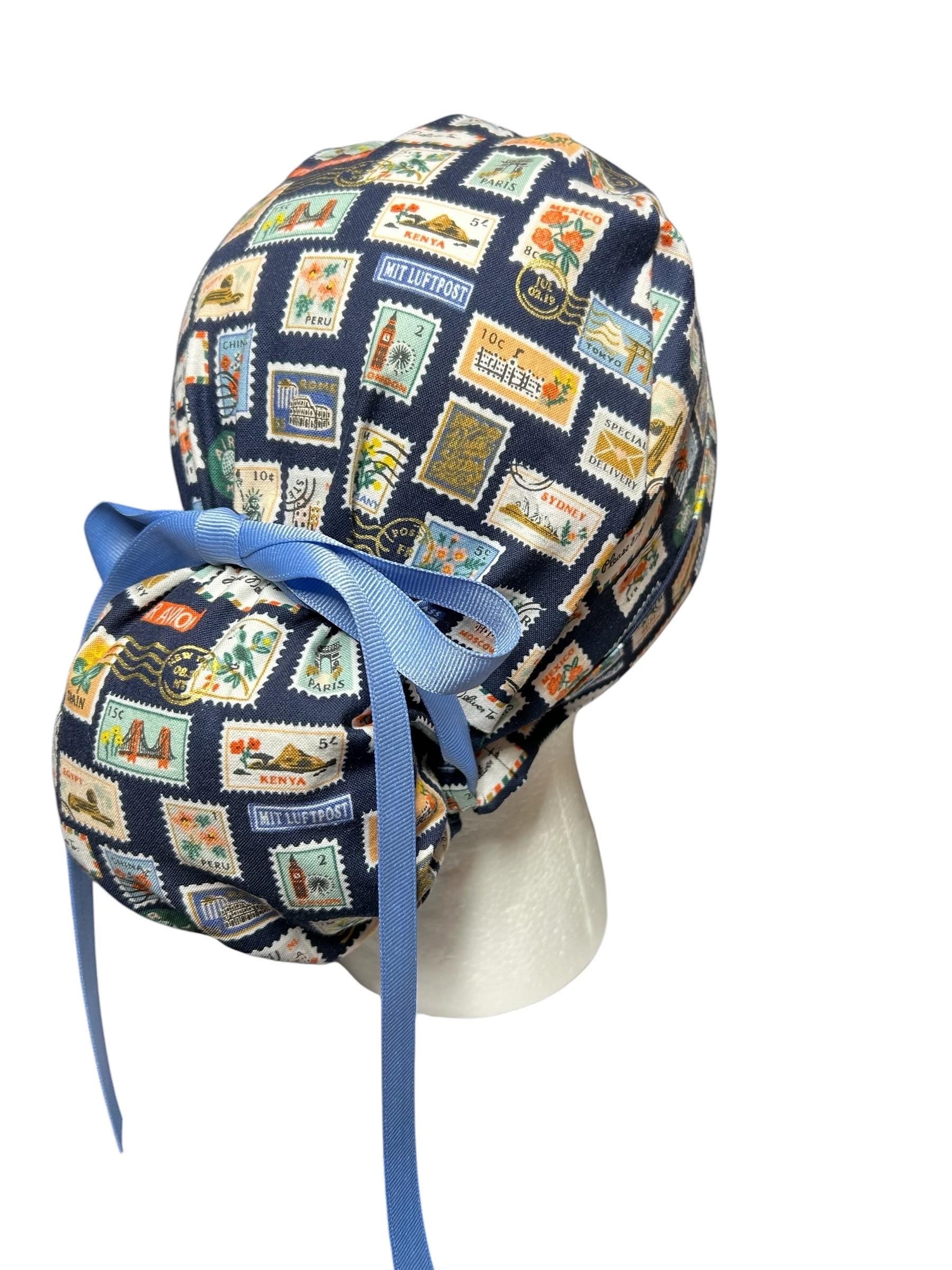 Women’s scrub cap: Rifle Paper Co navy stamp print with ribbon ties