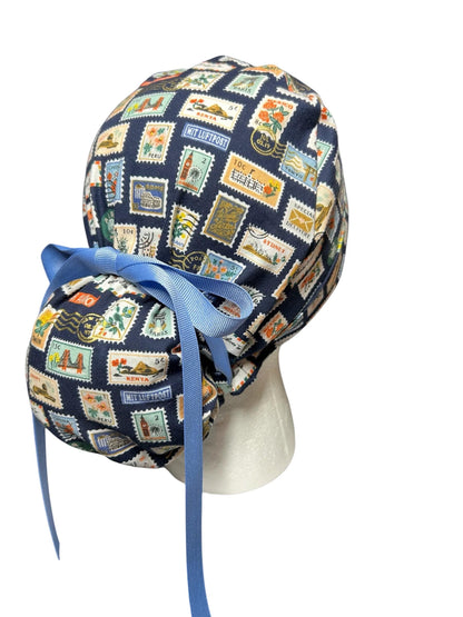 Women’s scrub cap: Rifle Paper Co navy stamp print with ribbon ties