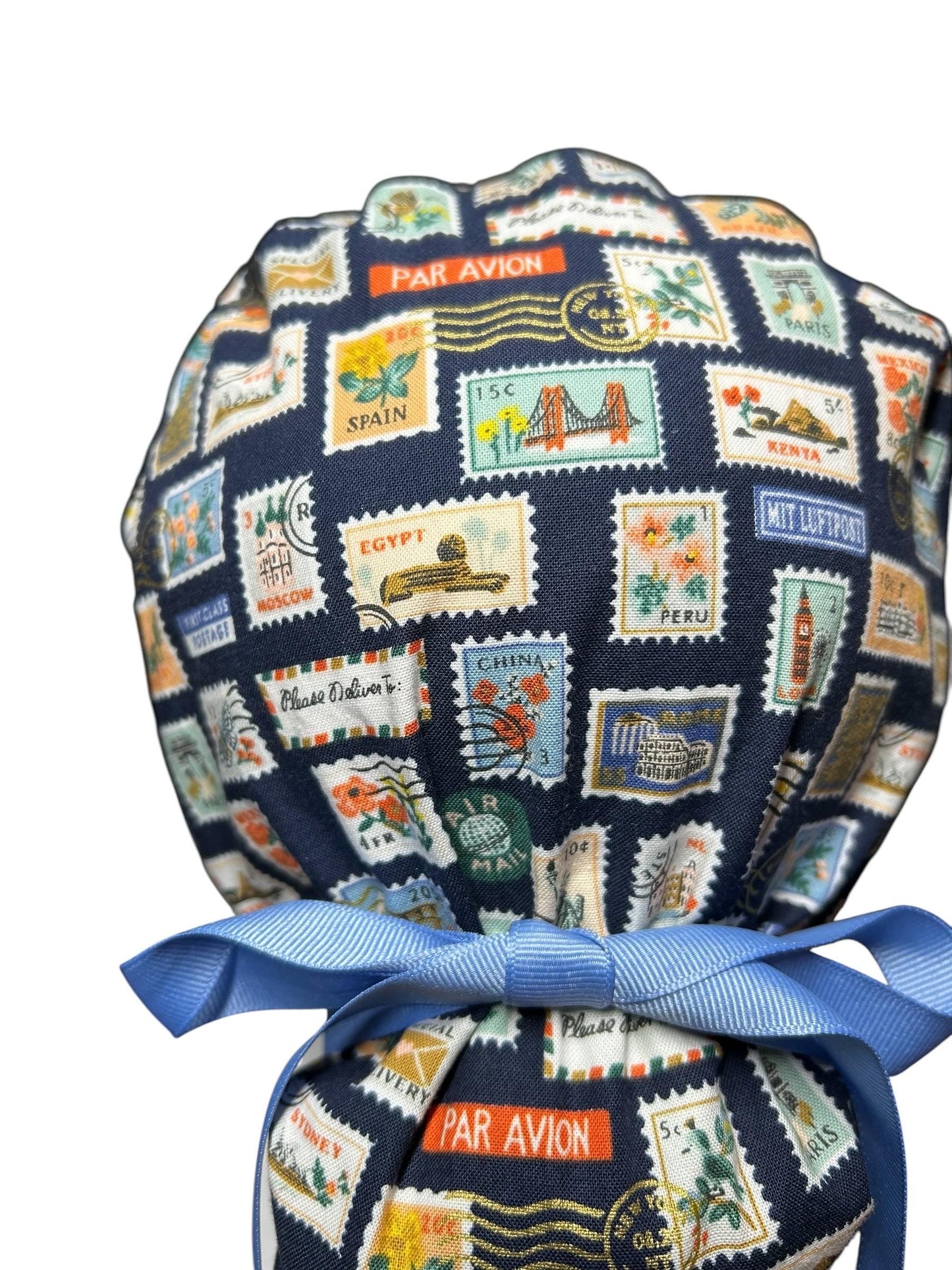 Women’s scrub cap: Rifle Paper Co navy stamp print with ribbon ties