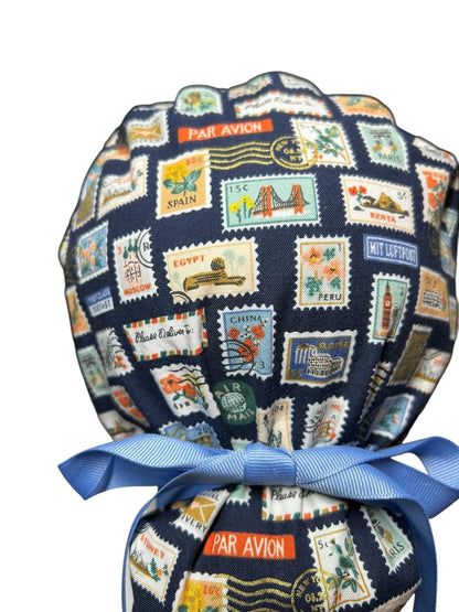 Women’s scrub cap: Rifle Paper Co navy stamp print with ribbon ties