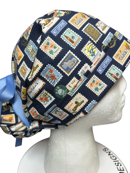 Women’s scrub cap: Rifle Paper Co navy stamp print with ribbon ties