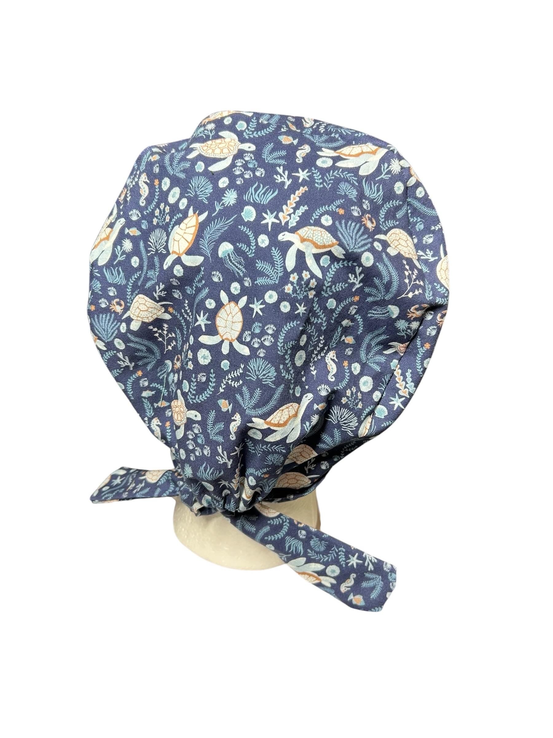 Sea Turtle Scrub cap: pixie style bonnet for short or medium hair