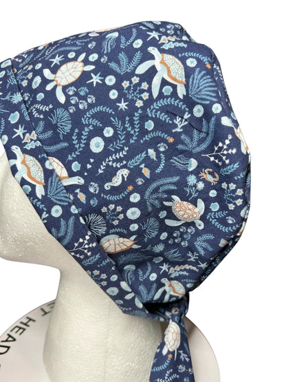 Sea Turtle Scrub cap: pixie style bonnet for short or medium hair
