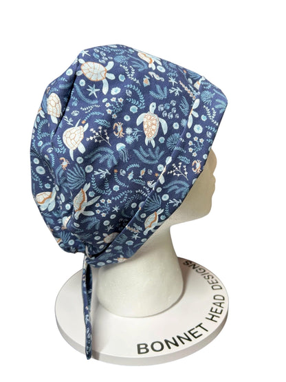 Sea Turtle Scrub cap: pixie style bonnet for short or medium hair
