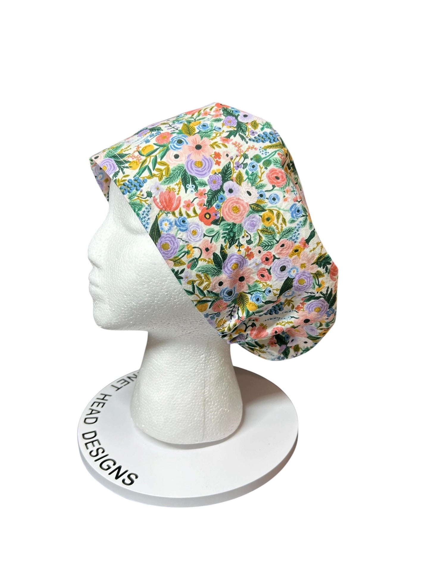 Euro scrub cap in Rifle Paper Co garden party fabric, adjustable toggle scrub hat