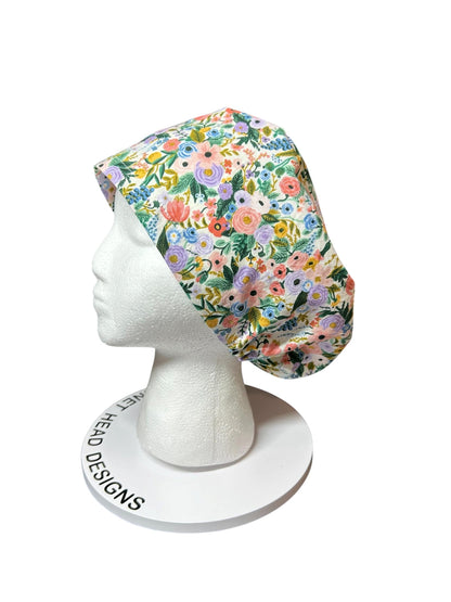 Euro scrub cap in Rifle Paper Co garden party fabric, adjustable toggle scrub hat