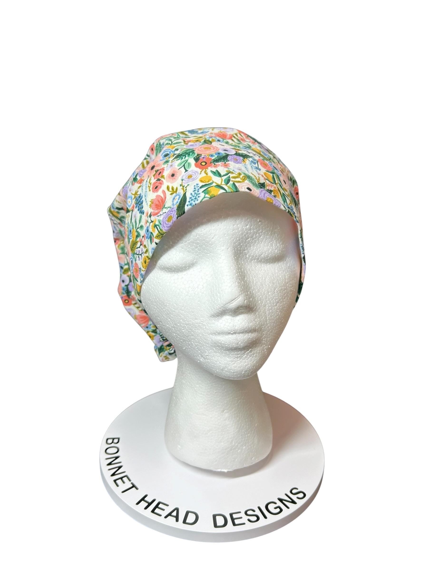 Euro scrub cap in Rifle Paper Co garden party fabric, adjustable toggle scrub hat