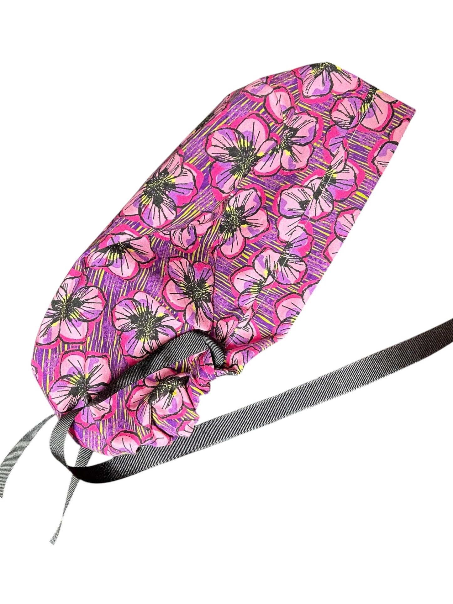 Purple Floral Ponytail Scrub Cap: Adjustable Cotton Scrub Hat